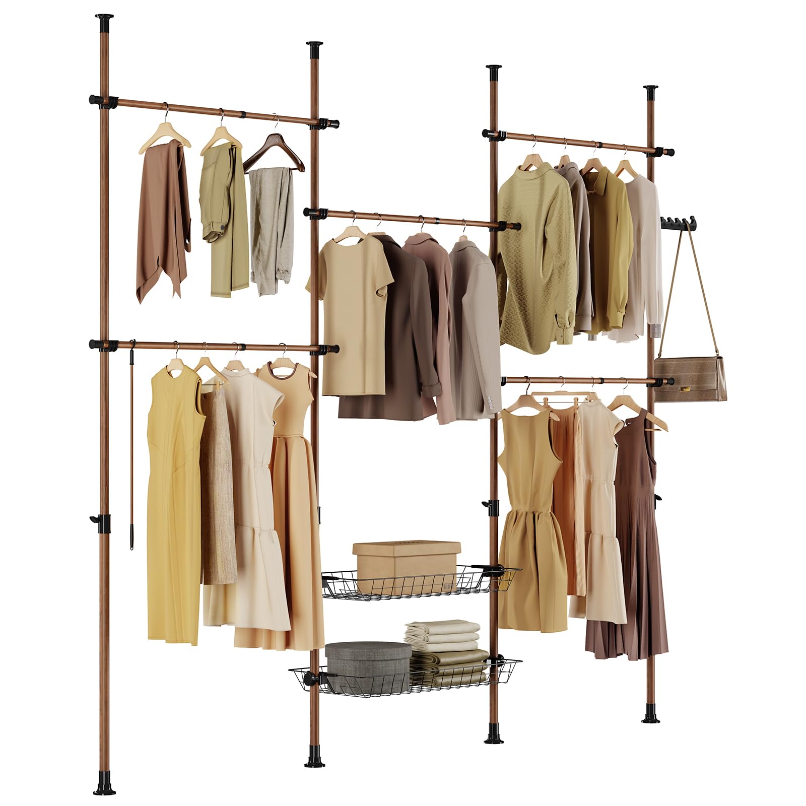 SoBuy Telescopic Clothes Rail, Heavy Duty Clothes Rack, Adjustable Open Wardrobe with Hanging Rails & Shelves for Bedroom, Walk-in Closet Brown KLS04-II-BR