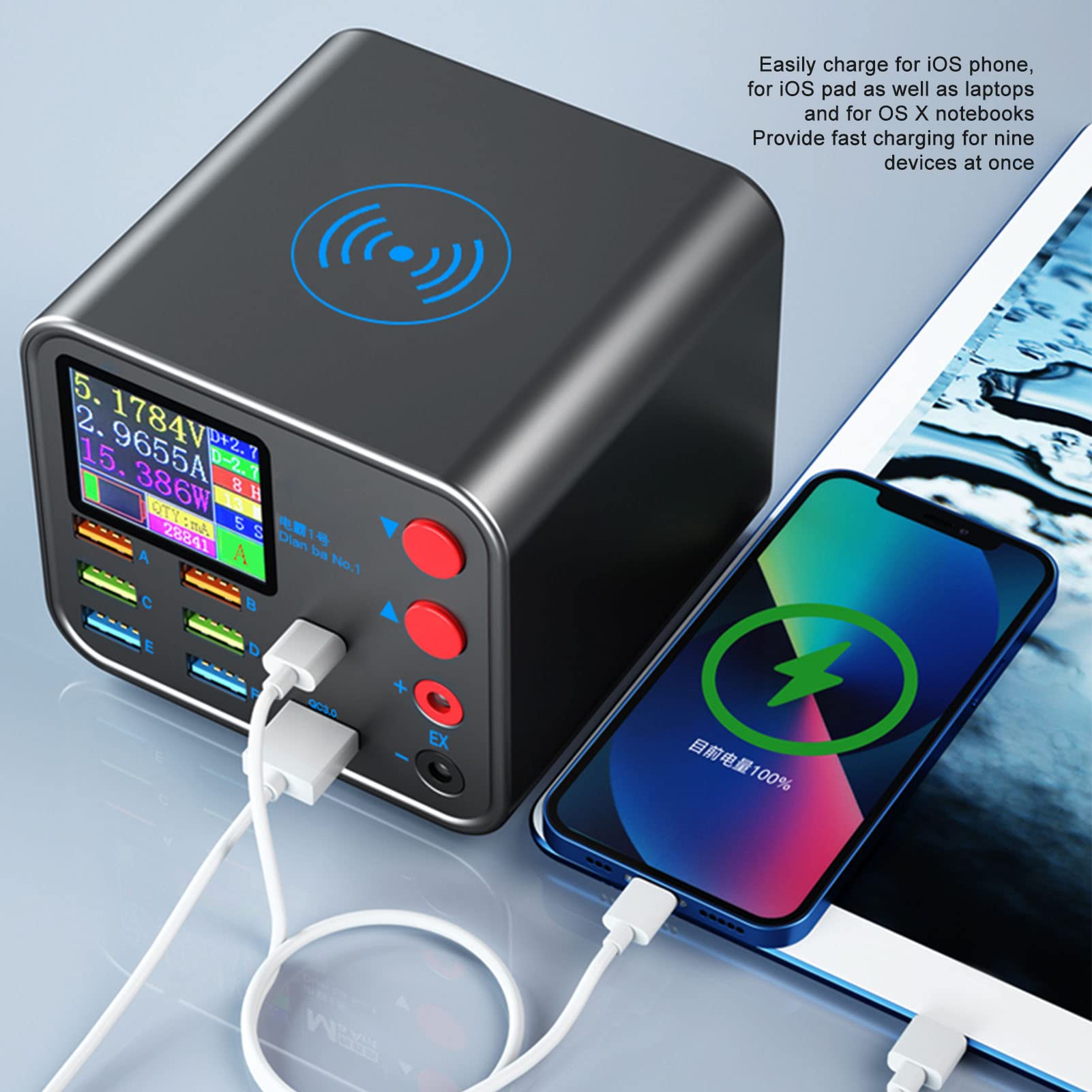 Estación de Carga USB Múltiple, Cargador de Pared de Carga Rápida QC3.0 de 150 W Y 8 Puertos con Adaptador de Corriente de Carga Inalámbrica de 10 W para Teléfonos, Portátiles, Tabletas, 110‑220V(EU)
