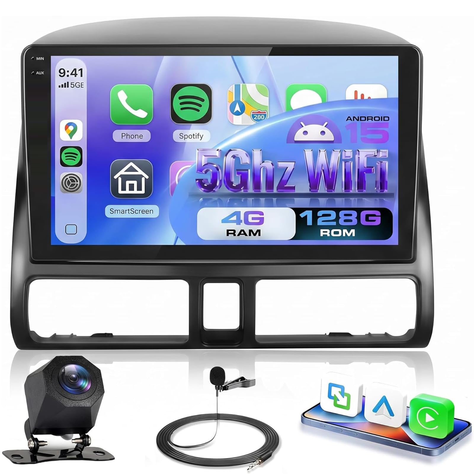 4G+128G Car Radio for Honda CRV 2002-2006, Wireless Carplay Android Auto Android 15 Car Stereo, 9 Inch in-Cell Touch Screen with 5Ghz-WiFi, GPS, Bluetooth, FM/RDS, HiFi Audio, Rear Camera