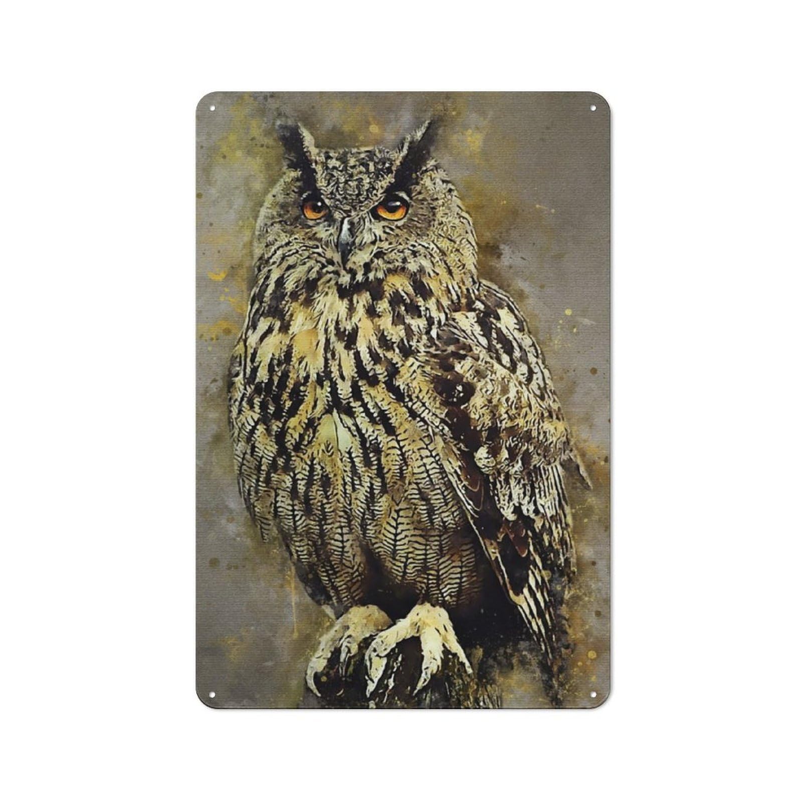 Junmoney Owl Watercolor Metal Sign 30X20cm With For Hallway Wall, Vintage Decor, For Garage, Workshop And Man Cave Decoration