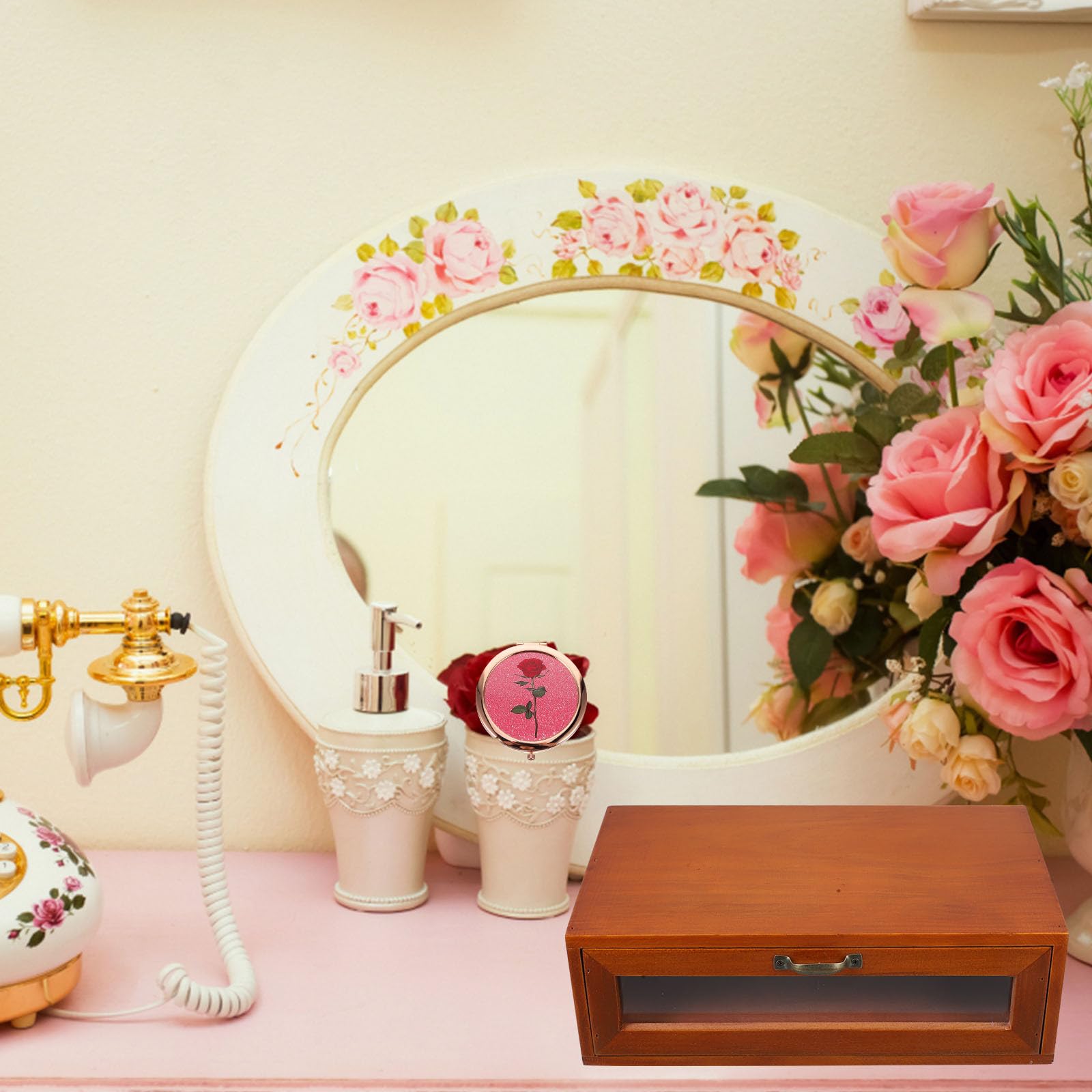 TOYANDONA Organizer da Scrivania in Legno Solido con Cassetto Singolo, Scatola Porta Cosmetici e Porta Prodotti la Cura della Pelle, Organizer Multifunzione per Ufficio, Bagno e Camera