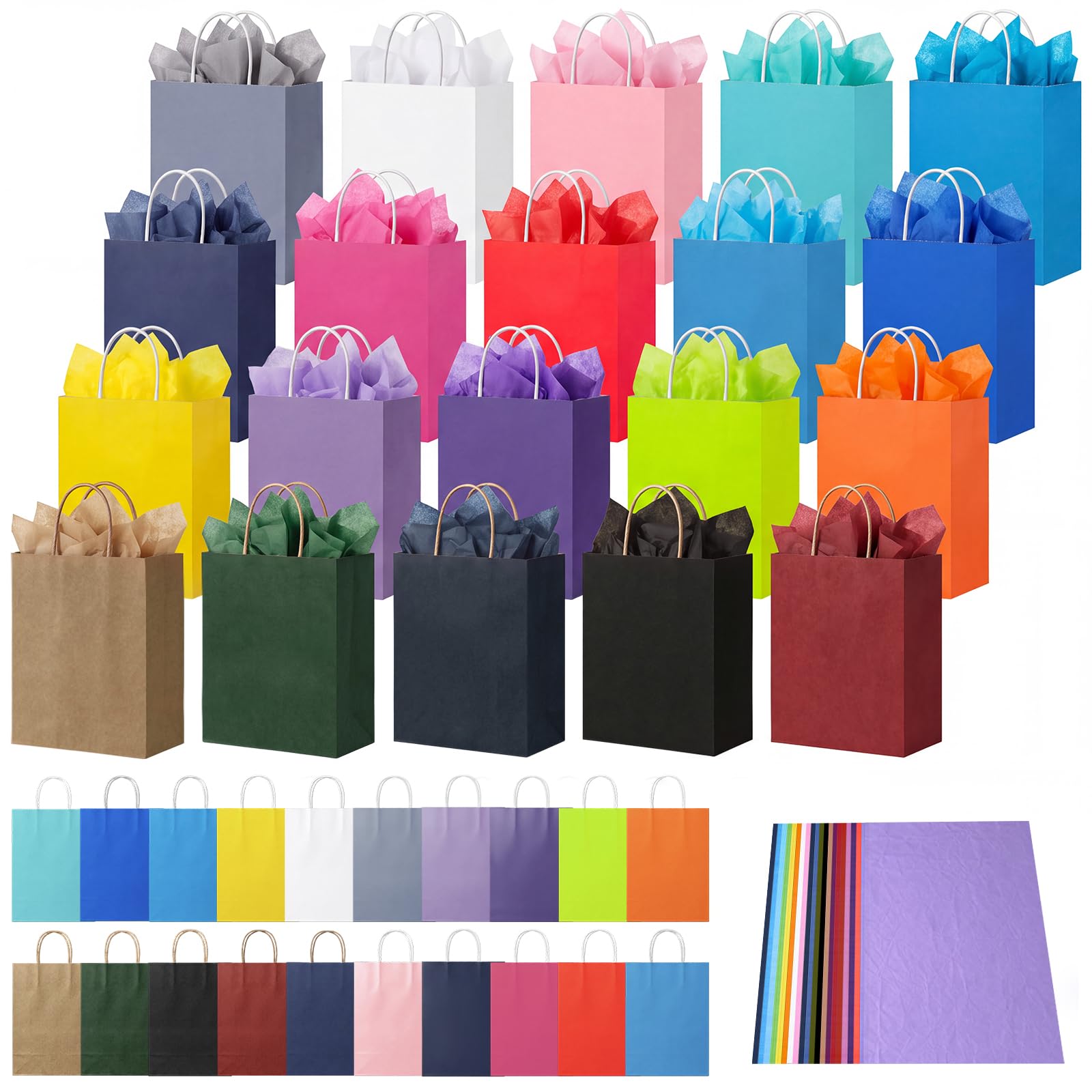 Sankoly Kleine Geschenktüten mit Griffen und Seidenpapier, 20 Farben, Kraftpapier, Partyzubehör, 15 x 7 x 21 cm, 200 Stück