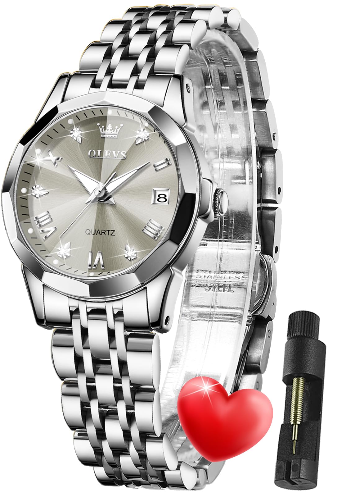 OLEVS Damen Uhr Quarzuhr mit Diamant Edelstahlarmband Wasserdicht Datumsanzeige Elegante Damenuhr für Frauen Geschenke zum Muttertag