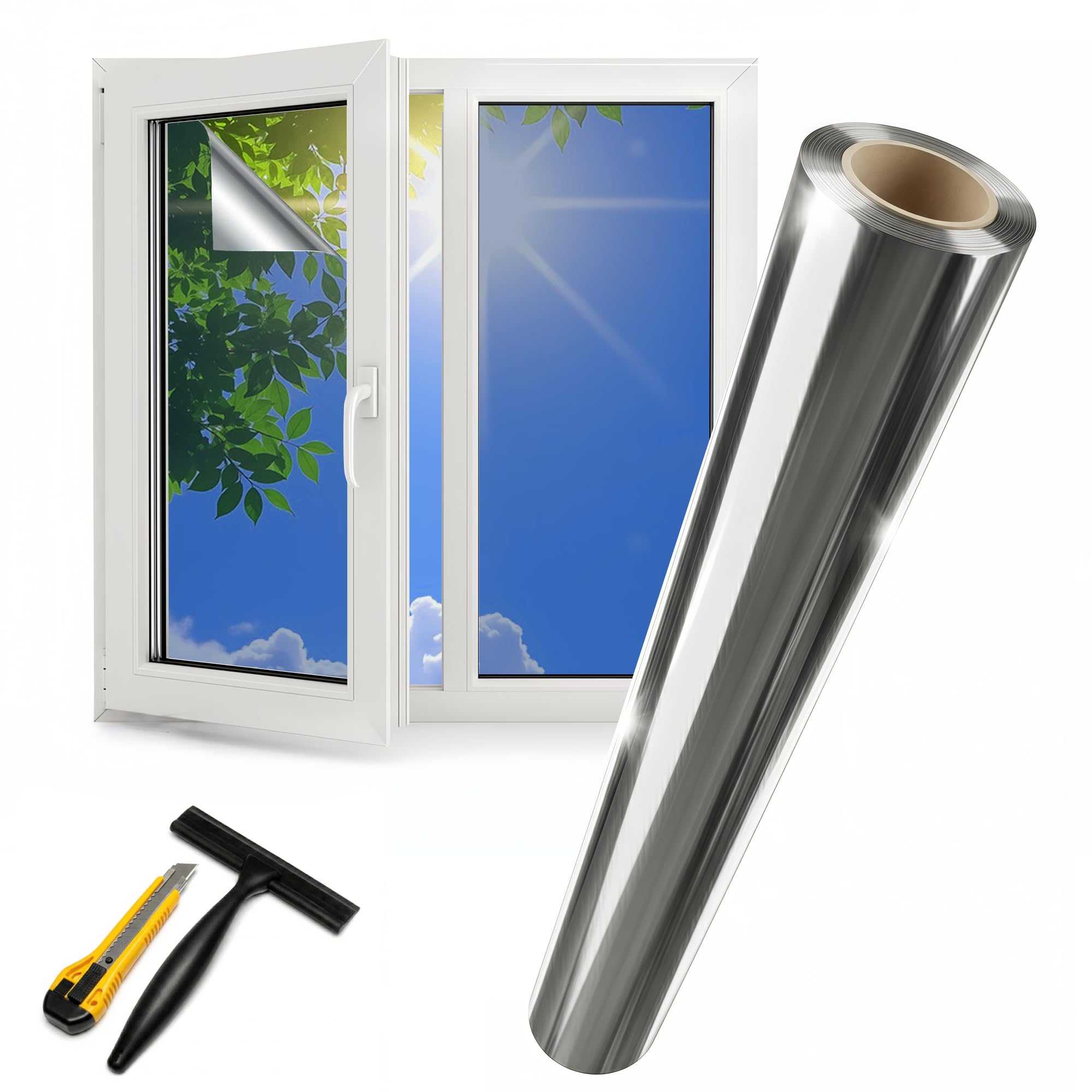 Spiegelfolie Fenster Sichtschutz Fensterfolie Sonnenschutz Hitzeschutz innen oder außen Sichtschutzfolie Selbstklebend UV Folie Sonnenschutzfolie Rückstandslose