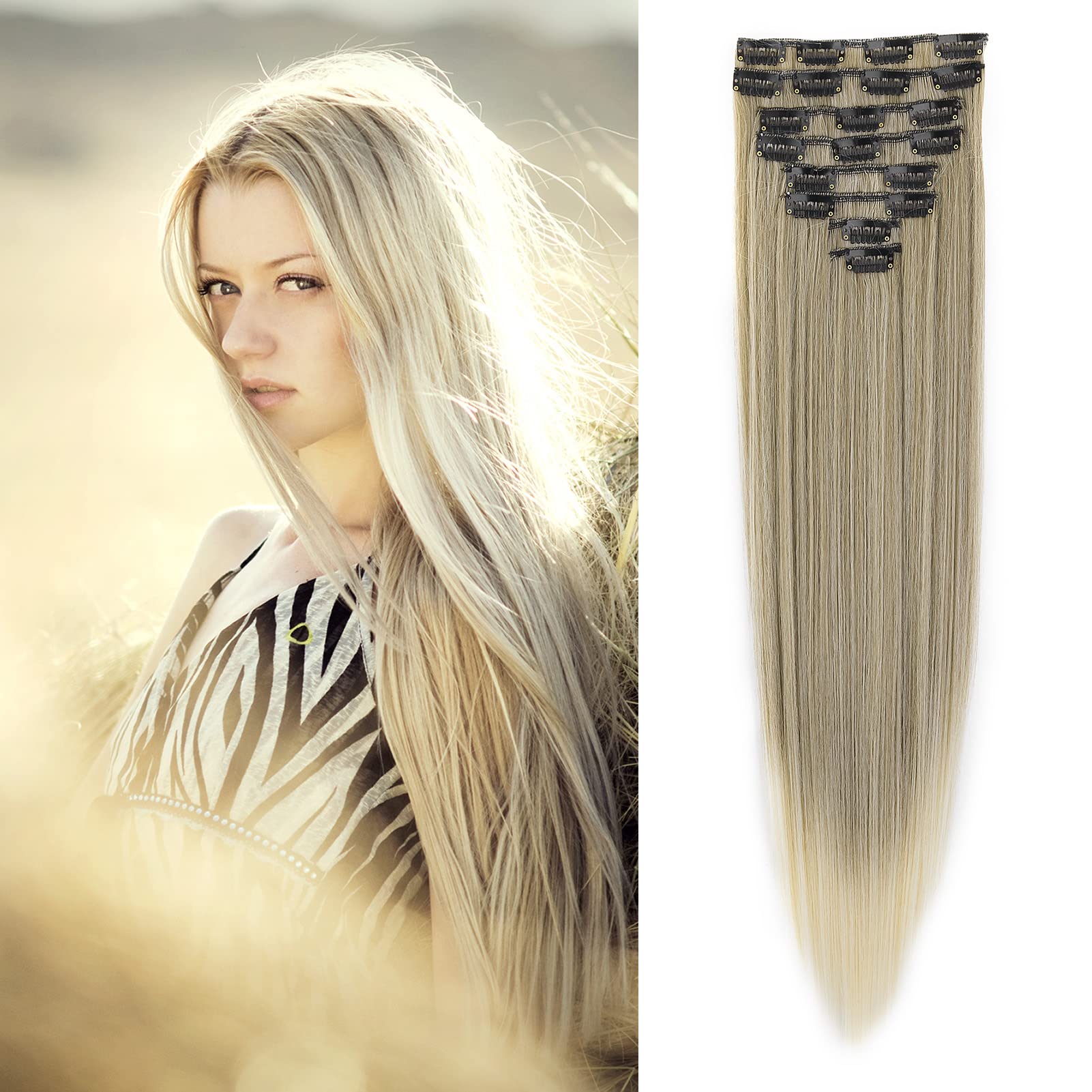 Gairyan 60cm Extension Capelli Clip 8 Fasce Set Clip in Hair Extensions Lisci Posticci per Capelli Finti Extension a Clip Naturali Sintetici Lungo Dritti, Marrone dorato Ombre Biondo candido
