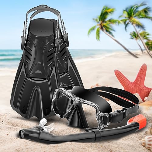 Miniatura 7 de Equipo de esnórquel para niños de 3 a 14 años, juego de aletas de máscara 4 en 1 con vista panorámica, máscara antivaho con parte superior seca,