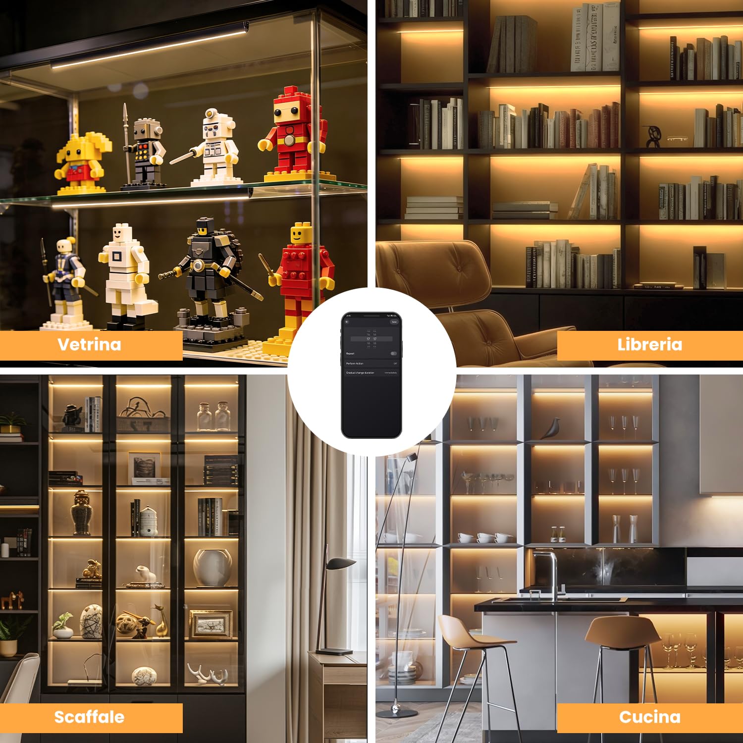 Luci LED per Libreria Nere, Barra LED Sottopensile, Compatibile con Alexa, WiFi Dimmerabile 2700K, Illuminazione Sotto Mensola per Vetrina, Cucina con App, Telecomando e Memoria (4 Pack 30cm)