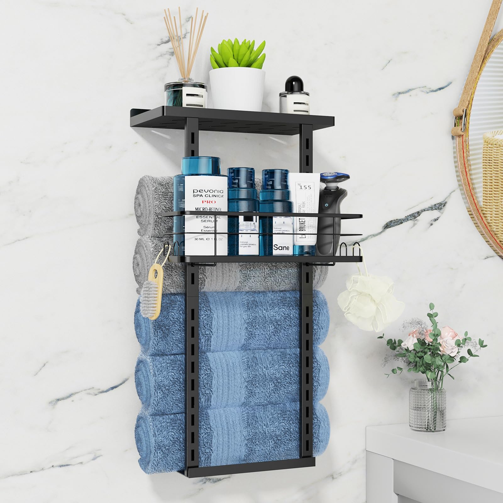Amazon.com: Towel Rack Bathroom Wall Holder: Black Shower Organizer ...