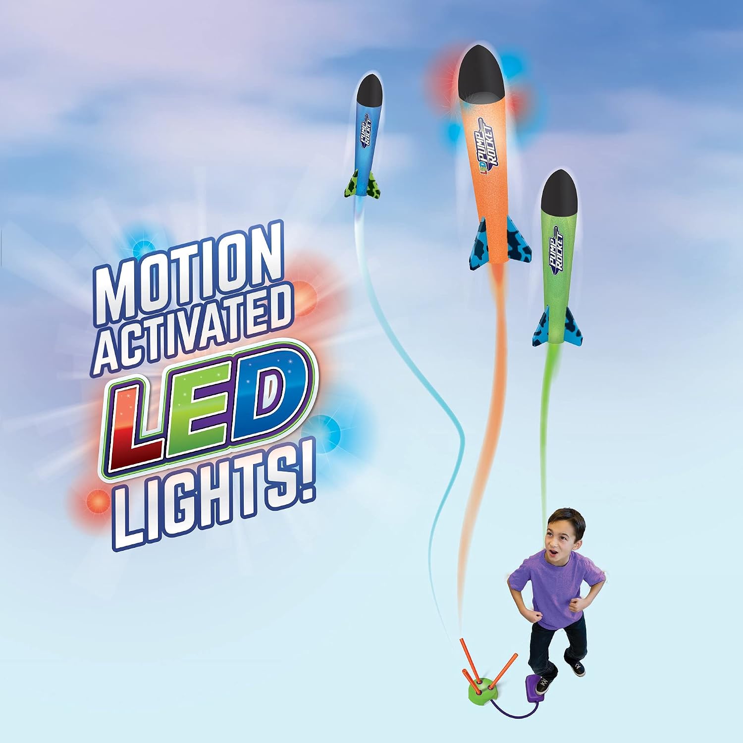 Geospace Jump Rocket Triple Blast with Launch Pad and 3 Foam Light-Up Rockets; Great for Glow in The Dark Outdoor Play