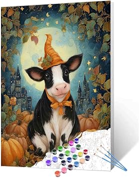 Tucocoo Cow and Pumpkin Paint by Number for Adults Halloween Castle DIY Digital Oil Painting Kits Canvas with Brushes&Acrylic Pigment Artwork for Home Decor16x20inch Frameless