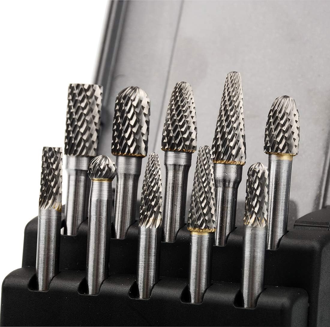 Carbide Burrs Set 1/4 Inch Shank Double Cut Solid Carbide Rotary Burr Set for Die Grinder Drill, Metal Carving, Polishing, Engraving, Drilling(10pcs)