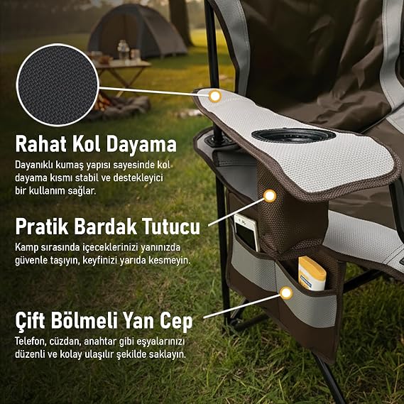 Haegs Kamp Sandalyesi, Outdoor, Plaj ve Piknik için Katlanır Kamp Sandalyesi, Saklama Cepli, Bardak Tutuculu, Extra Destekli, 120 Kg Taşıma Kapasiteli, Standart Boy - Mavi