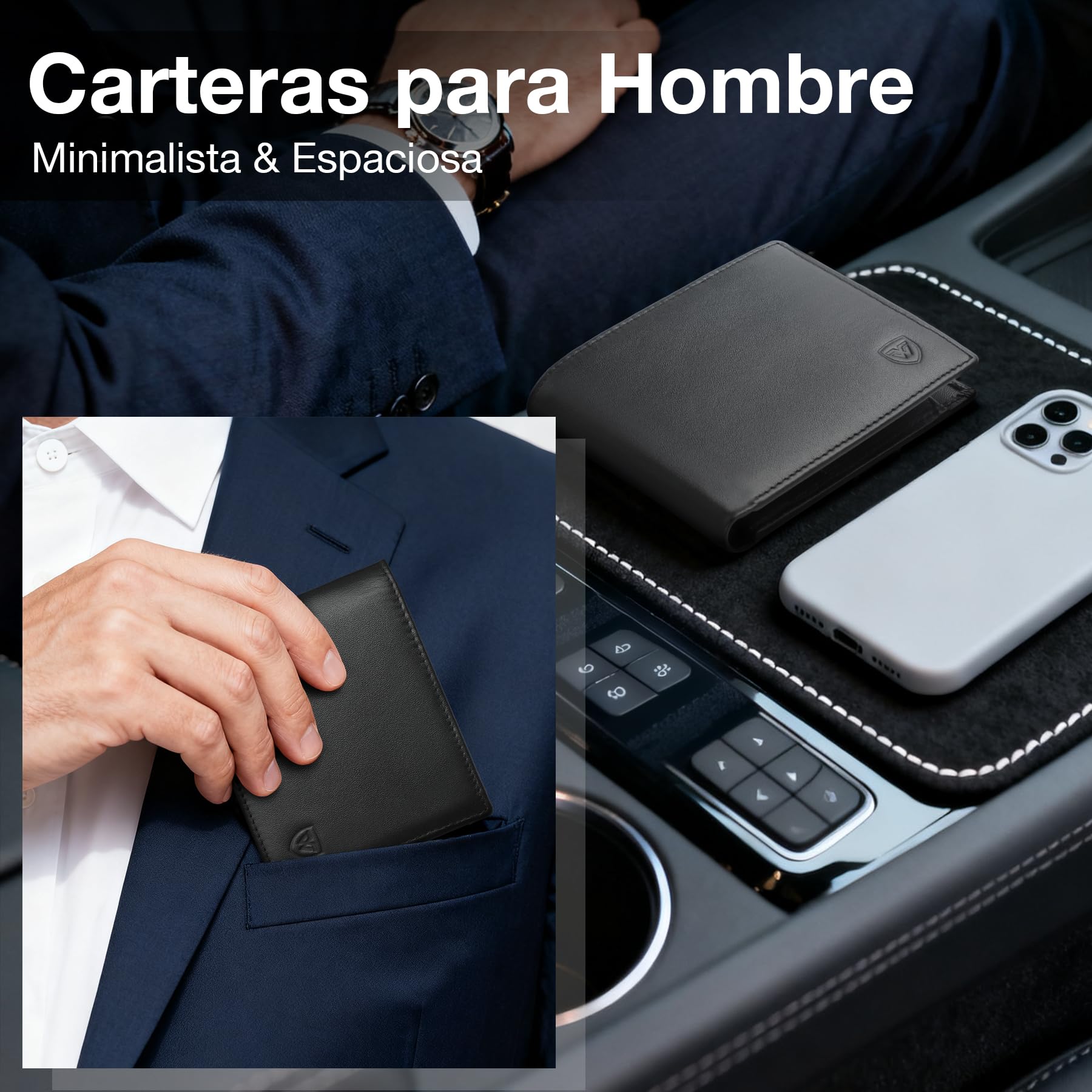 WONSEFOO Cartera Hombre Bifold Delgada con RFID 10 Ranuras Tarjetas Negro