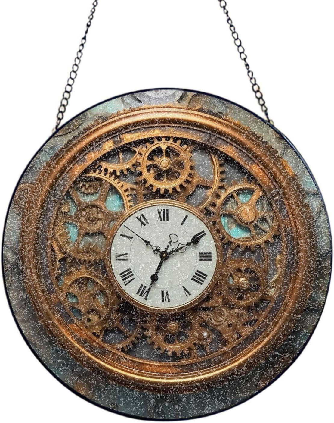 Stained Glass Window Hanging 10in Window Suncatcher Glass Panel with Metal Chain Rusty Steampunk Clock Sun Catchers Wall Art Home Decor Gift for Women Mother's Day