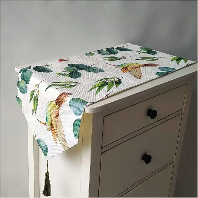 Wedding Table Runner Vintage, Plant Birds Leaf Pattern Cotton Linen Table Runner Suitable for Family Celebrations, Weddings, Hotel Decorations, Green Yellow, Style3, 32 x 180 cm