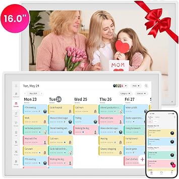 16" Smart Digital Calendar, Wall Desk Mount Planner with Google iCloud Sync, Touchscreen Family Organizer for Chore Chart, Meal Planning & Task RewardsWhite