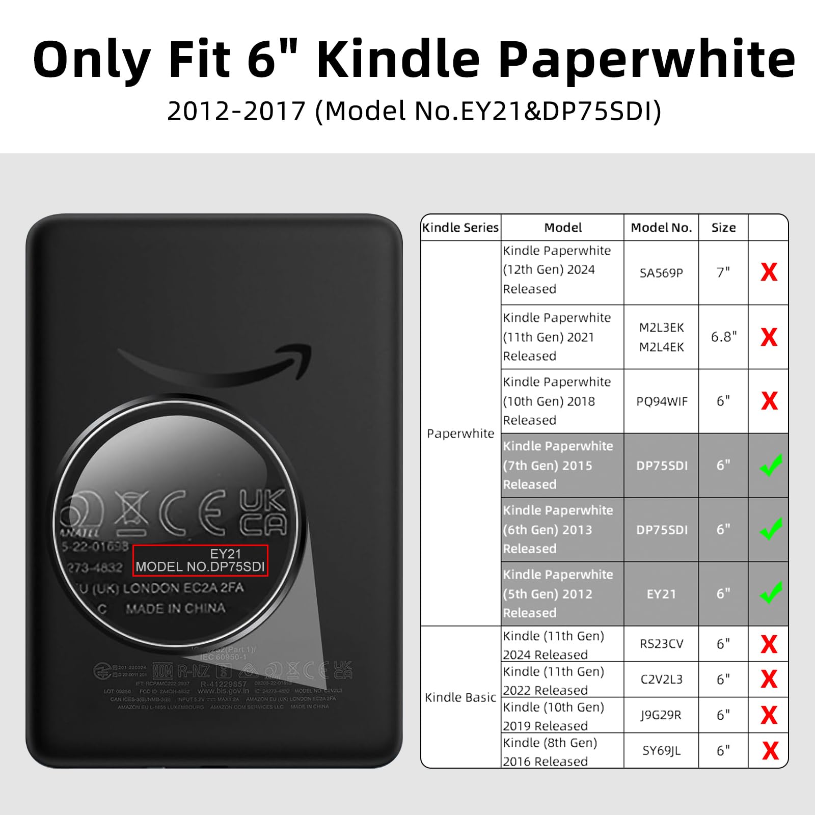 Schutzhülle für Kindle Paperwhite 15,2 cm (6 Zoll), 5. / 6. / 7. Generation 2012–2017 (Modell-Nr. DP75SDI & EY21), leichte PU-Lederhülle und transparente Hartschale mit automatischer Sleep