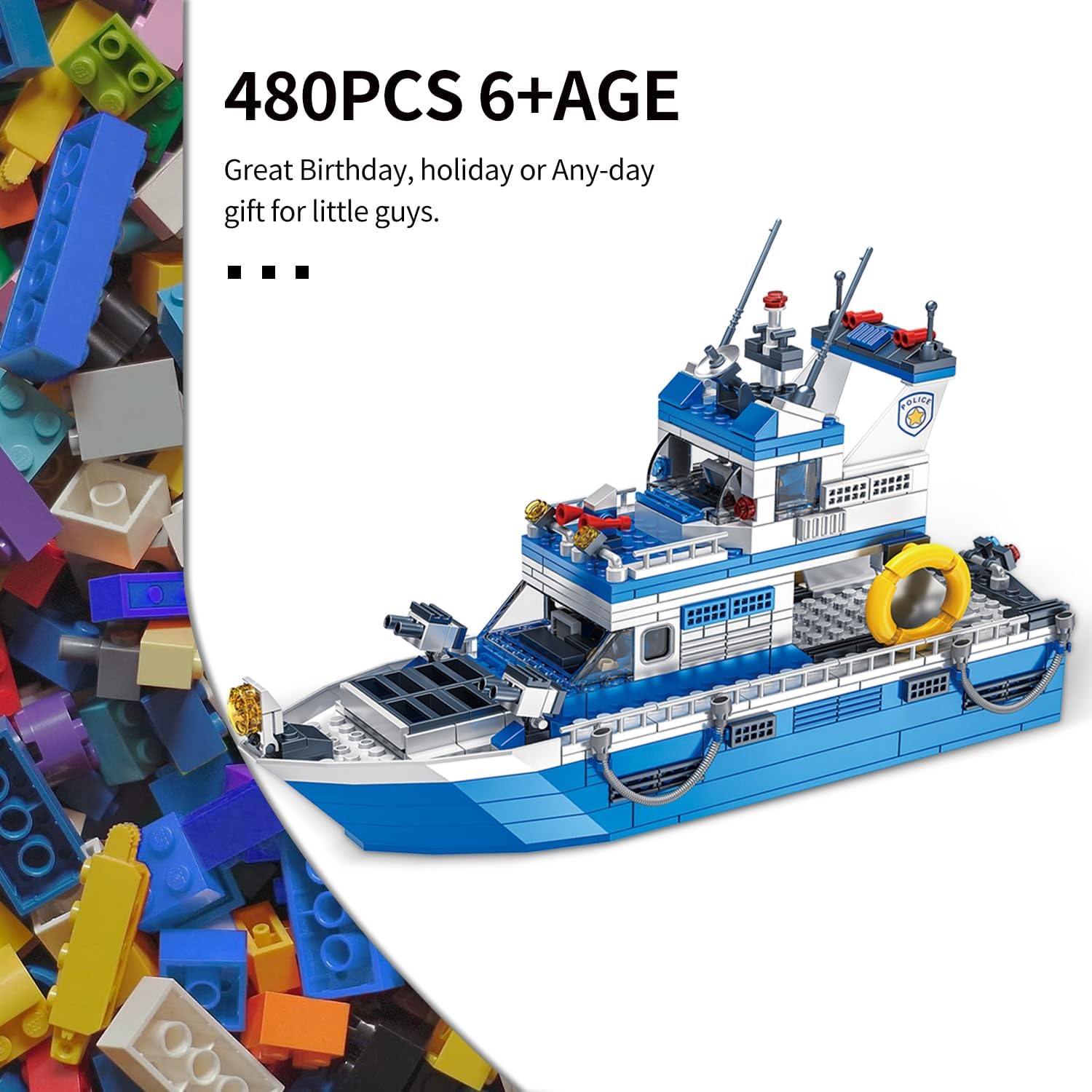 City Boat STEM Building Blocks Sets, Police Boat and Ship Playsets, Rescue Boats Toy Building Kit for Boys 6 7 8 9 10 11 12（480 Pcs）
