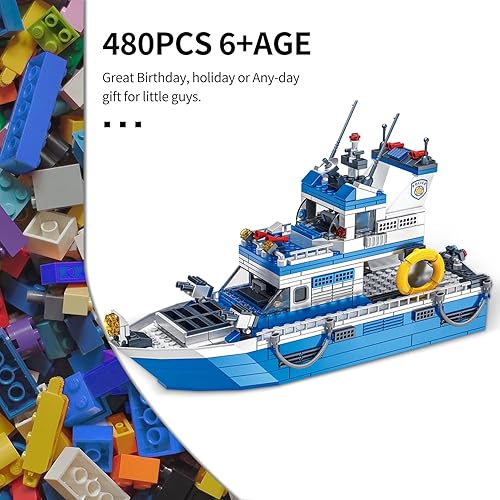 Miniatura 6 de City Boat - Juego de bloques de construcción STEM compatibles con Lego City Police Boat y Barcos, botes de rescate que flotan, kit de construcción