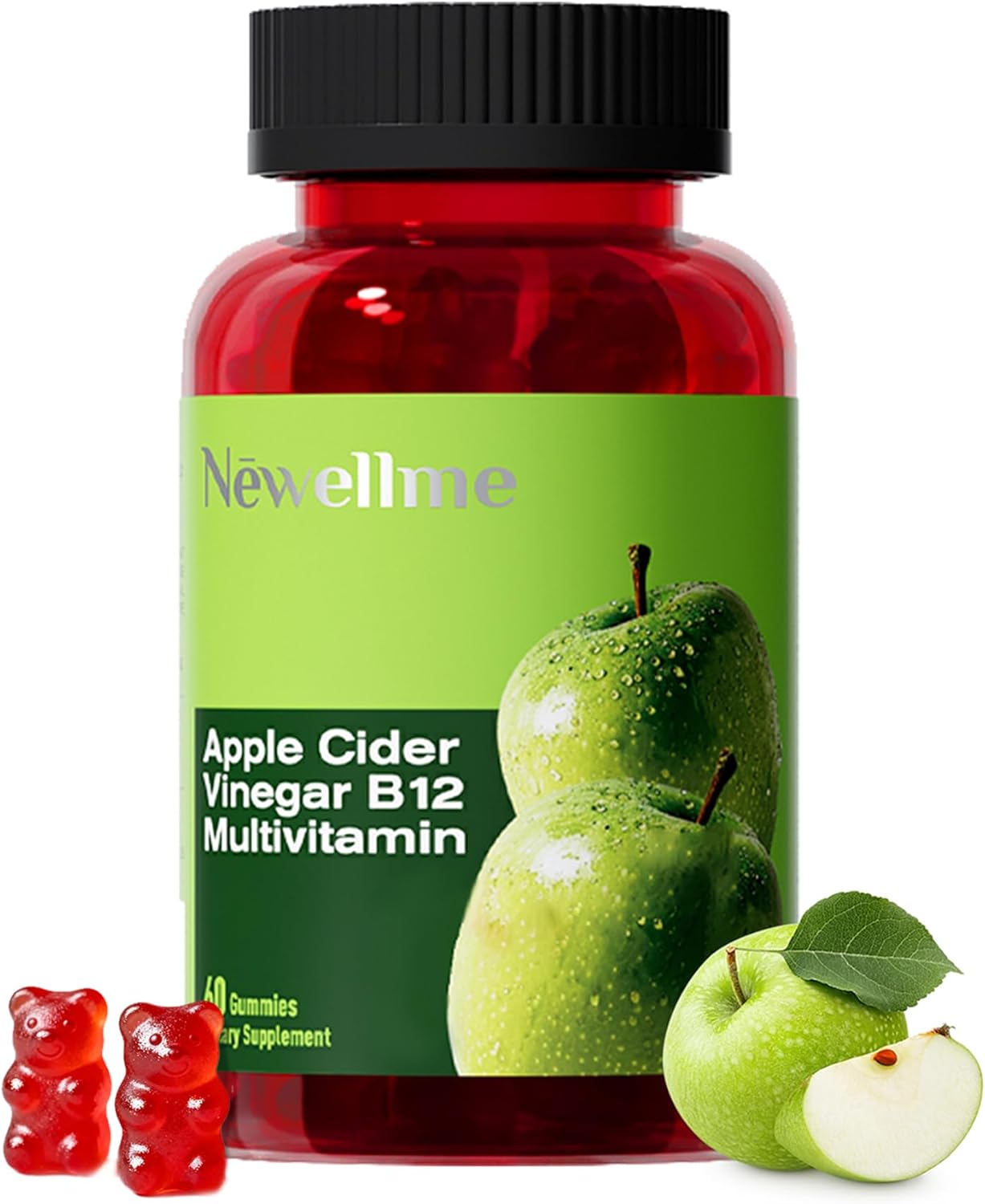 NEWELLME ACV Gummies with The Mother & B12 – Sugar-Free, Great-Tasting Vegan Gummies for Digestion, Metabolism & Daily Energy Support, 60 Count