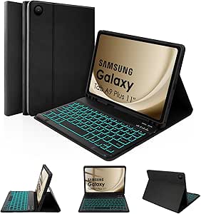 LAMA 7 Colors Backlit Keyboard Case for Samsung Galaxy 11 Inch Tab A9 Plus 2023/ Tab A11 Plus 2025, Magnetically, Detachable, Wireless, Bluetooth Keyboard Case, Slim Lightweight Stand Cover, Black