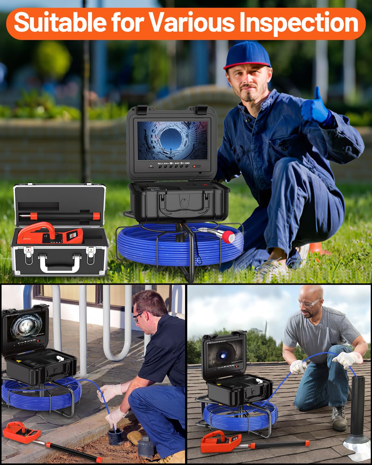 anysun - Cámara de alcantarillado con localizador, cámara de inspección de alcantarillado autonivelante de 200 pies con marcador de medidor y DVR, monitor HD de 9 pulgadas con 12 luces ajustables