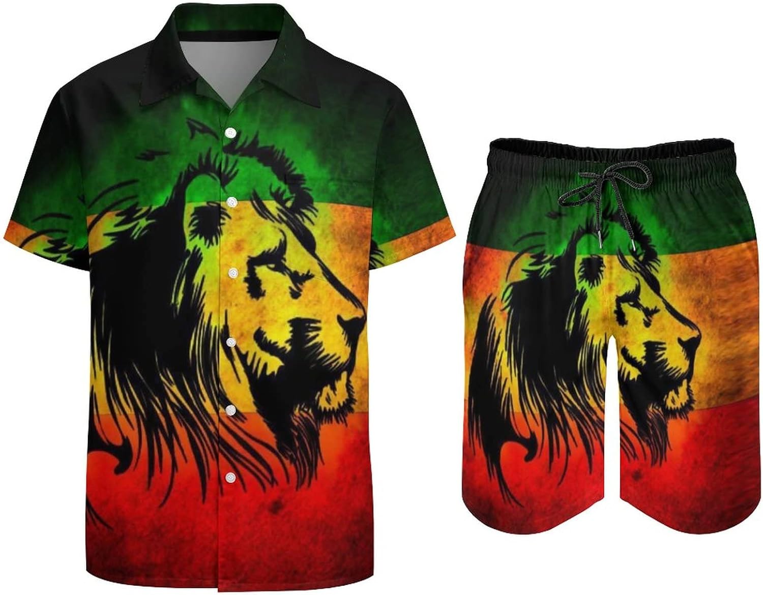 Dry Jamaican Lion Flag Men's Hawaiian Beach Vacation 2 Piece Set Button Down Short Sleeve Shirts and Shorts
