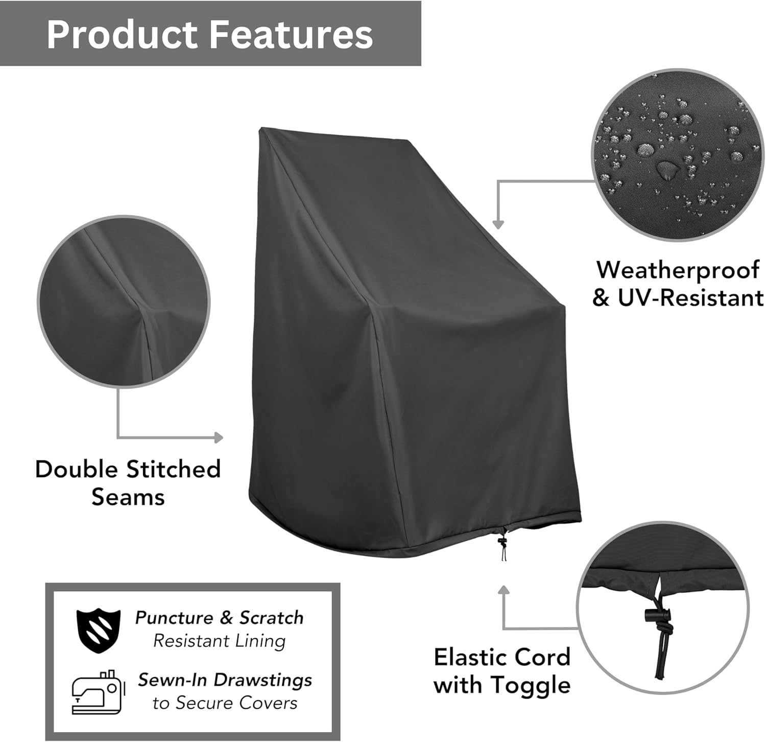 Shine Company Weatherproof Outdoor Rocking Chair Cover Set of 2, 100% Woven Polyester, Elastic Cord with Toggle, Black, 2-Pack