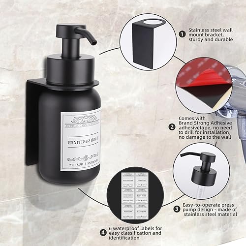 Miniatura 3 de Juego de 2 dispensadores de jabón de ducha negro con bombas y soporte de pared sin taladros, dispensadores de jabón de manos de 8.5 onzas con