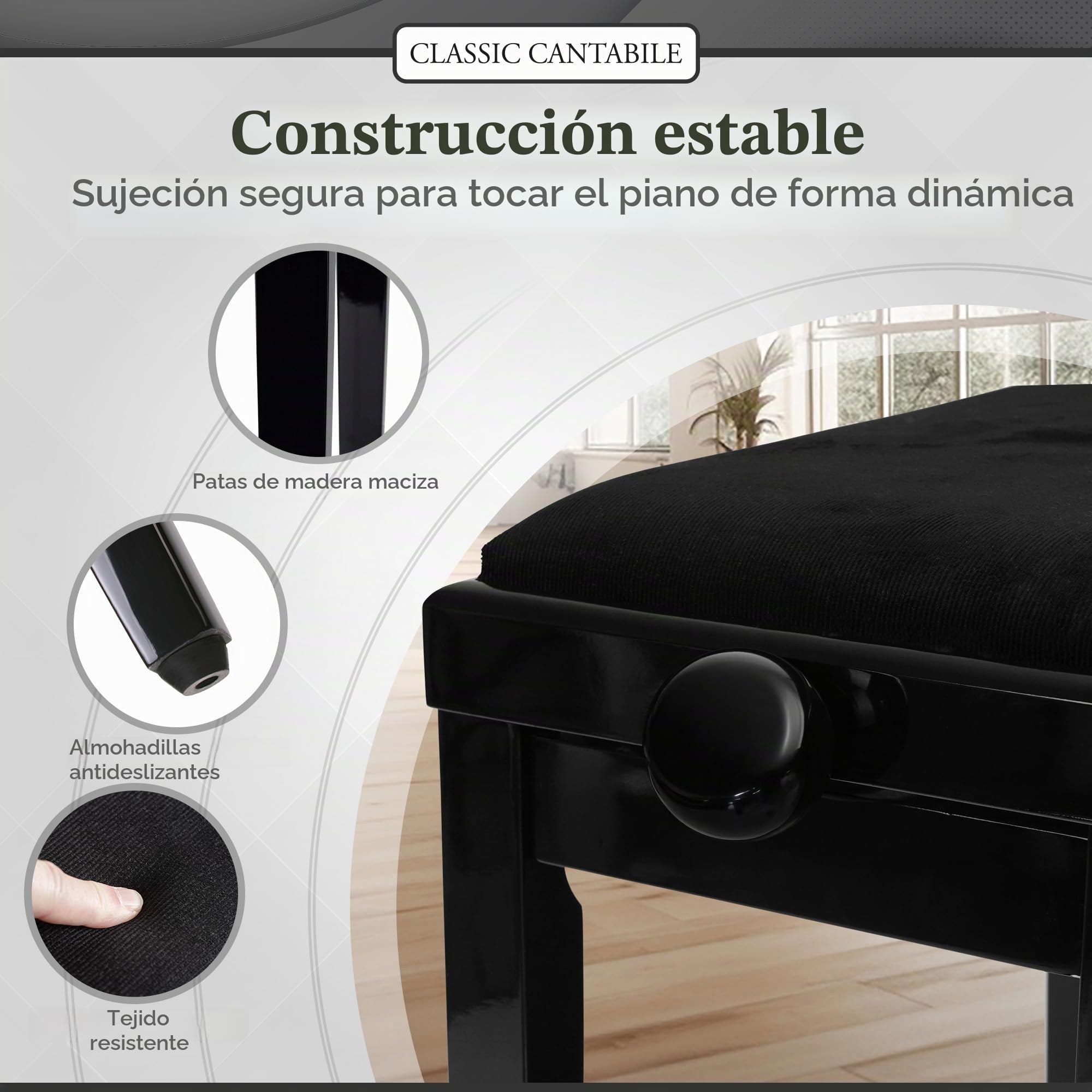 Classic Cantabile Banco para Piano Negro Brillante
