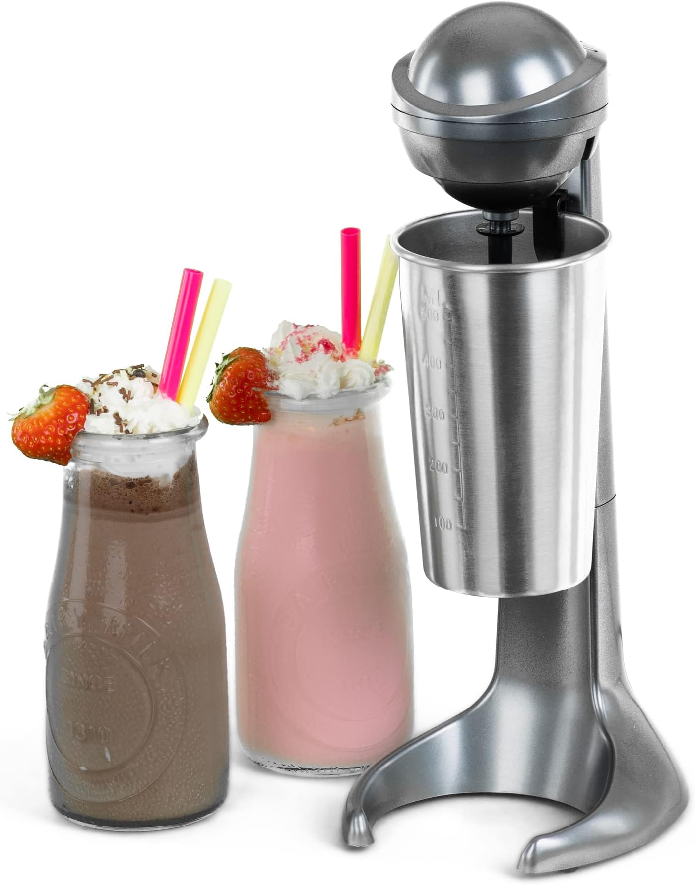 LIVIVO Retro Milkshake Maker 100W – Grey Electric Drink Mixer with 500ml Stainless Steel Cup – Ideal for Milk Frothing, Frappe, Iced Coffee, Protein Shakes, Smoothies, Macchiato, Pancake Batter