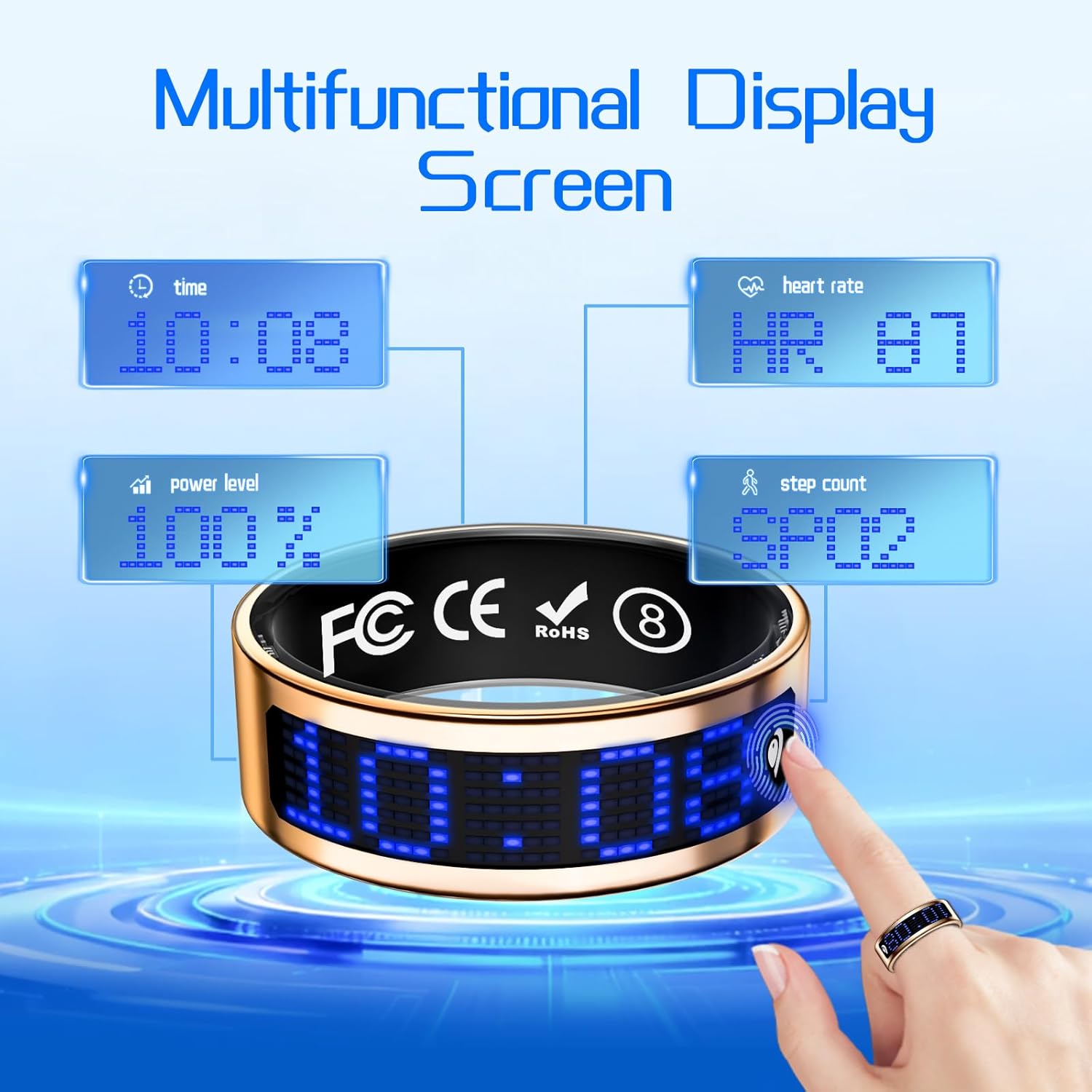 Smart Ring for Women & Men, Fitness & Health Tracker with Display Screen, IP68 Waterproof Smart Rings for Health Monitoring, Fitness Tracker Ring with Call Notification, No App Fees (Rose Gold, 10#)