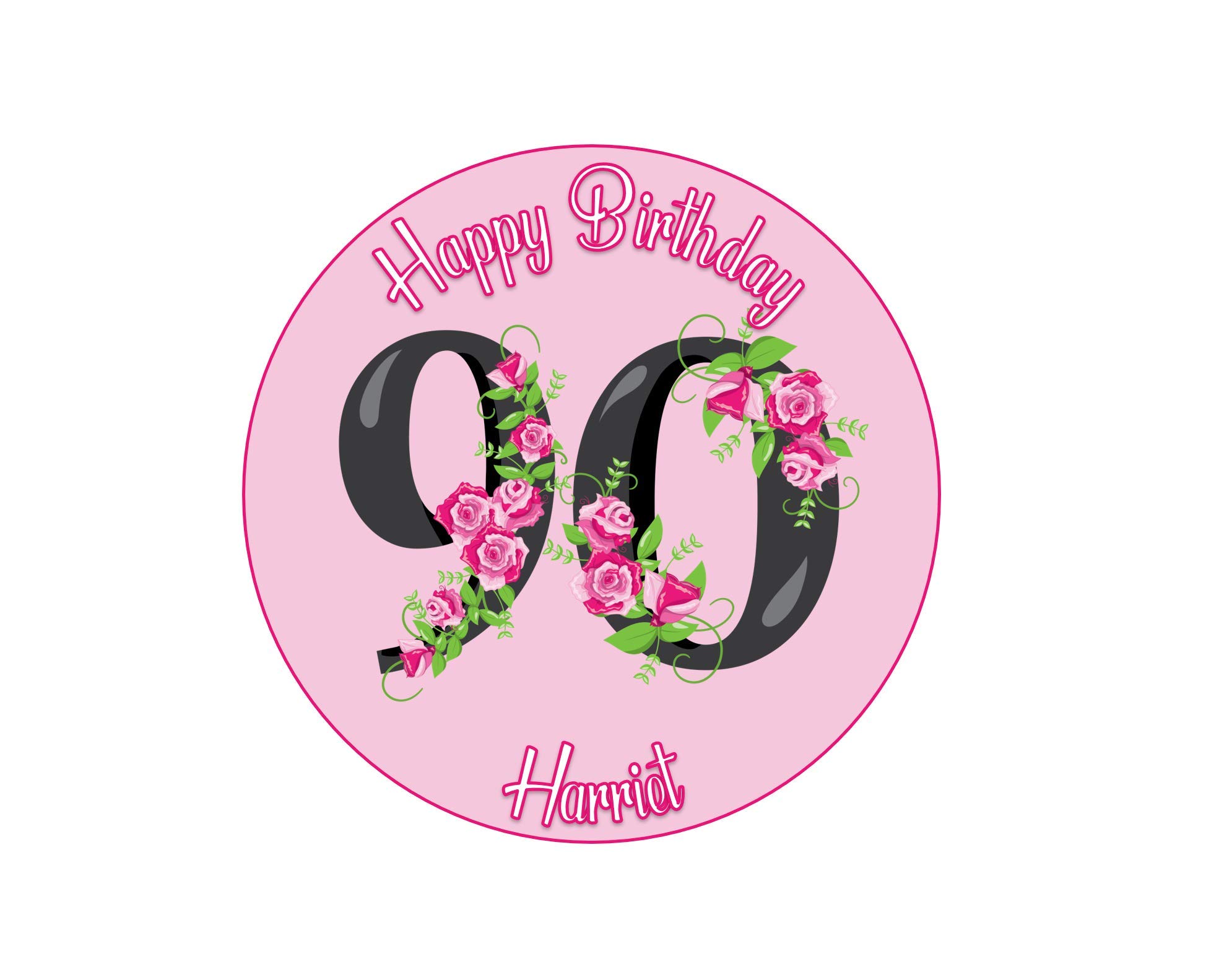 90th Birthday Pink & White Cake Icing or Wafer Topper 7.5 inch Personalised (Wafer)