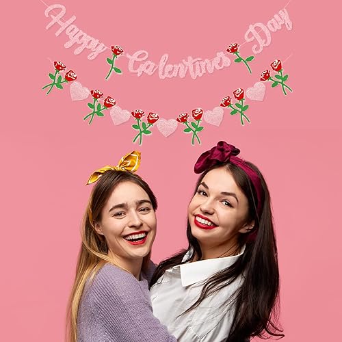 Miniatura 5 de Cartel de Feliz Día de Galentine – Decoración del Día de Galentine con purpurina rosa, pancarta de guirnalda de corazón rosa para damas, niñas,