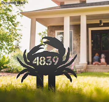 Metal Crab Address Sign for Driveway Beach House Number Sign Front Porch or Door Coastal Cave Yard Sign Stakes Custom Street Number Signs Metal Plaque for House Home Street Yard Frondoor Courtyard.