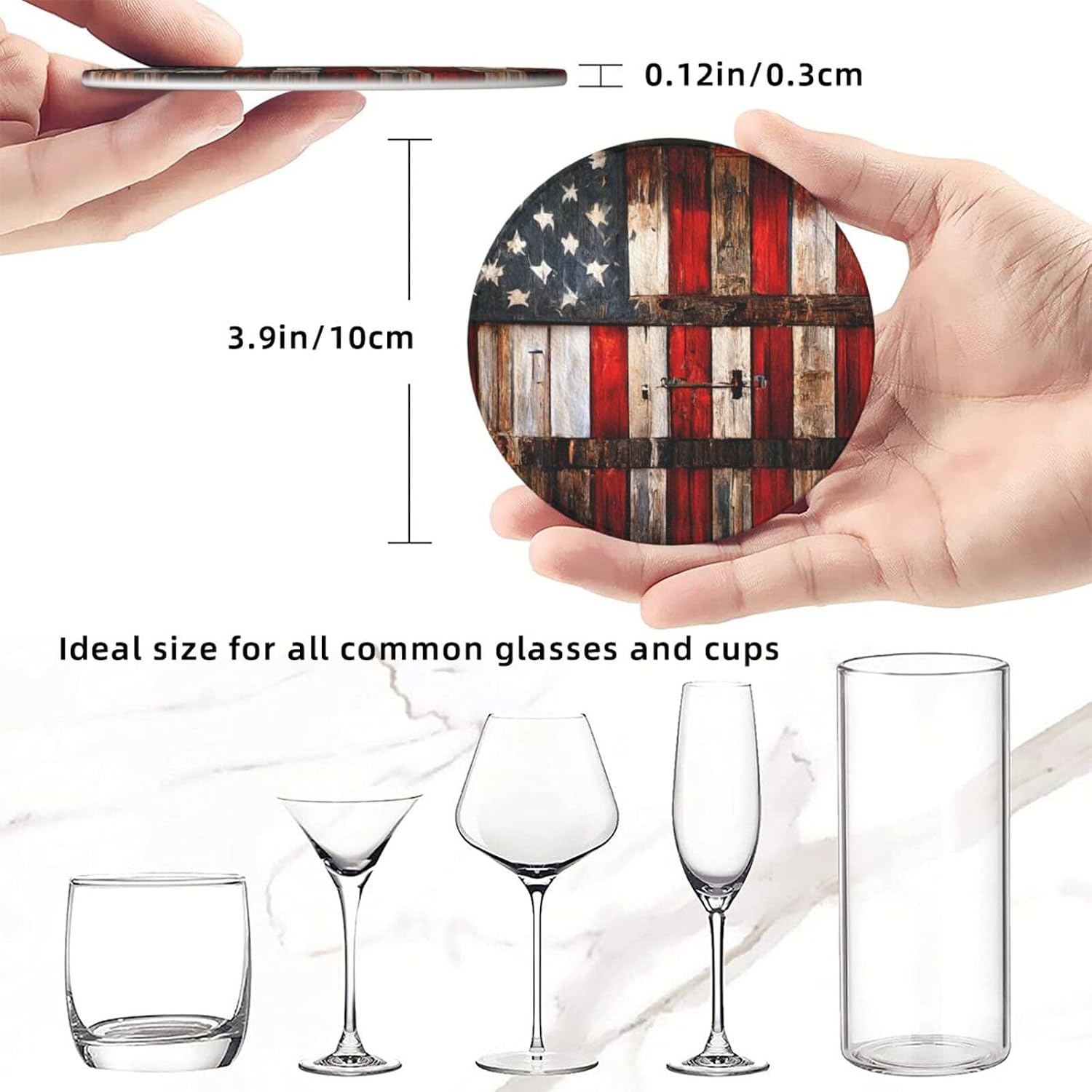 Rustic Barn Door Vintage American Flag Coasters for Drinks Round Leather Coaster with Holder Set of 6 for Tabletop Protection Desk Accessories Office Home Room Decor