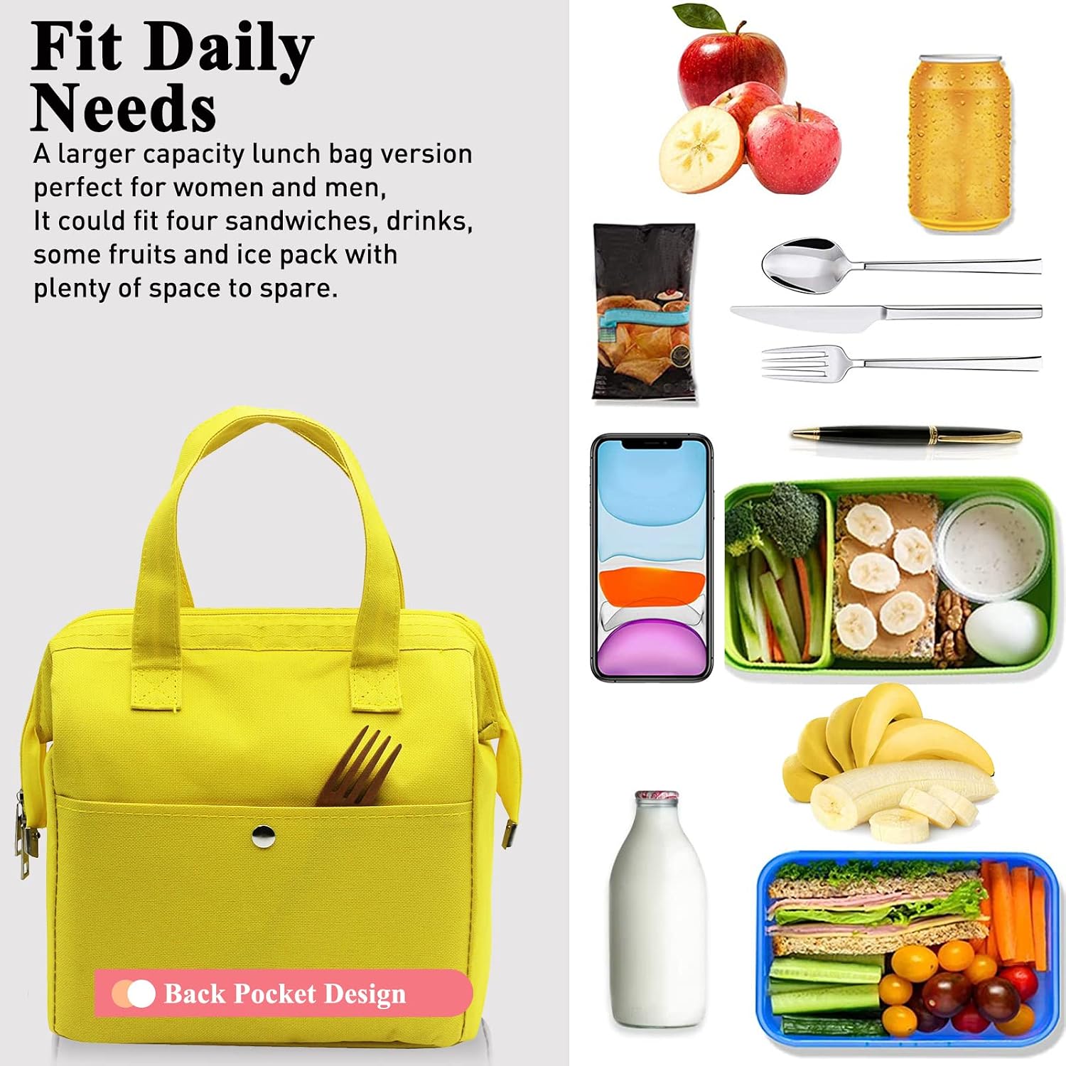 Mziart Insulated Lunch Bag, Simple Cute Lunch Box for Women Men, Yellow image 5