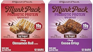 Munk Pack School Breakfast Bar Bundle | Probiotic Protein | (12) Cinnamon Roll, (12) Cocoa Crisp | 10g Plant Protein Per Bar