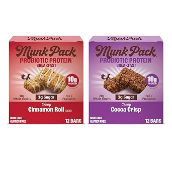 Munk Pack Probiotic Protein Bars Bundle Snacks | Perfect for School Breakfast 10g Plant Protein Per Bar | 12 Cinnamon Roll, 12 Cocoa Crisp | 24 Total Bars