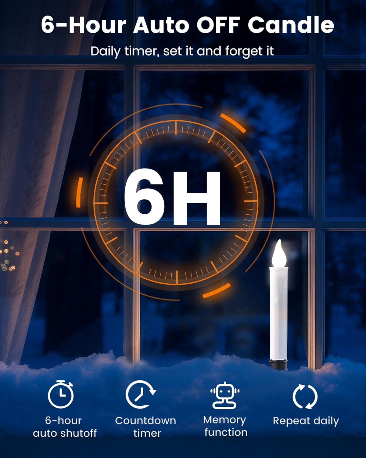 SURAIELEC Battery Operated Christmas Window Candles with 6H Timer, Flickering Cool White LED Candles, Window Candle with 1.7‘’ Narrow Base for Windowsill, Mantel, Dining Table, Matte Black, 4-Pack - Image 3