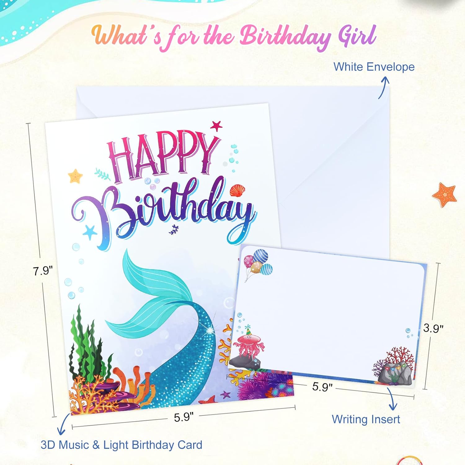 D24TIME Musical Birthday Card for Daughter - Mermaid Pop Up Bday Card with Music & Lights & Blowable Candle, 3D Happy Birthday Card for Kids Girl Grandaughter - Image 5