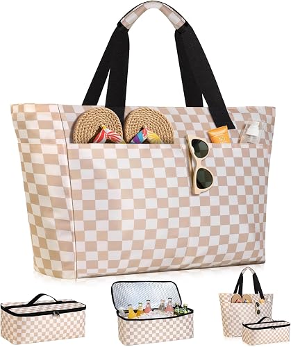 ISEYOU Beach Bag and Cooler Bag Set, 45L Waterproof XXL Foldable Tote with Zipper, 8 Pockets for Pool, Picnic, Travel