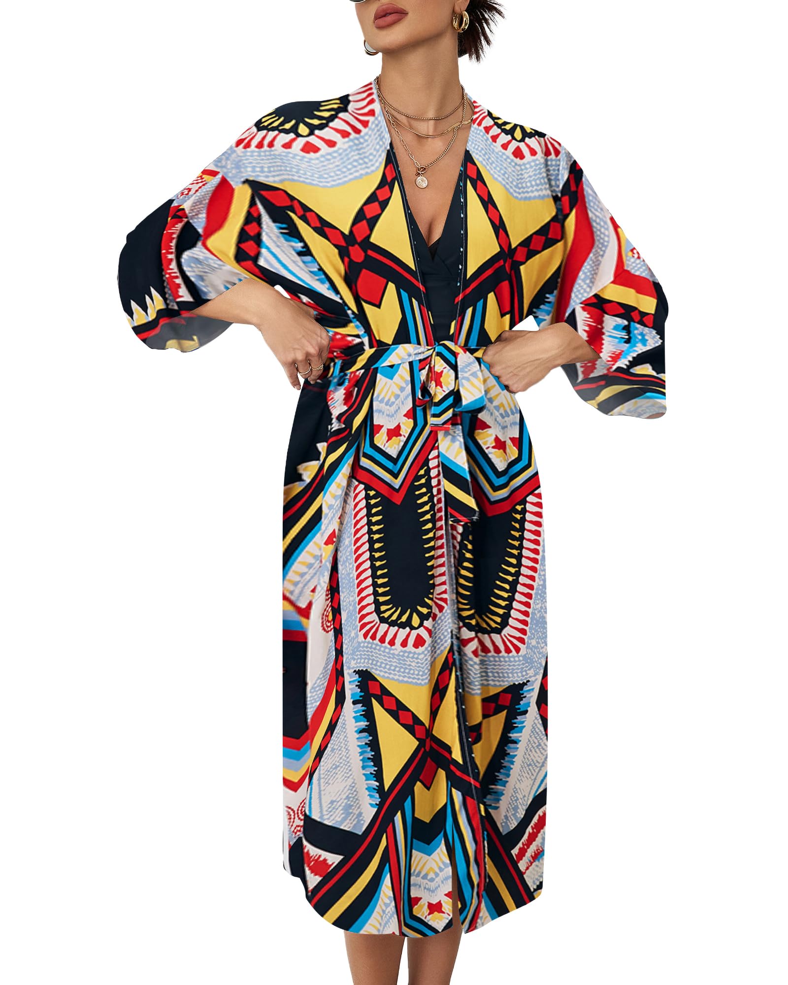 Bsubseach Boho Kimonos for Women Coverups for Bathing Suits Print Swimsuit Cover Up Casual Resort Wear Colorful Geometry