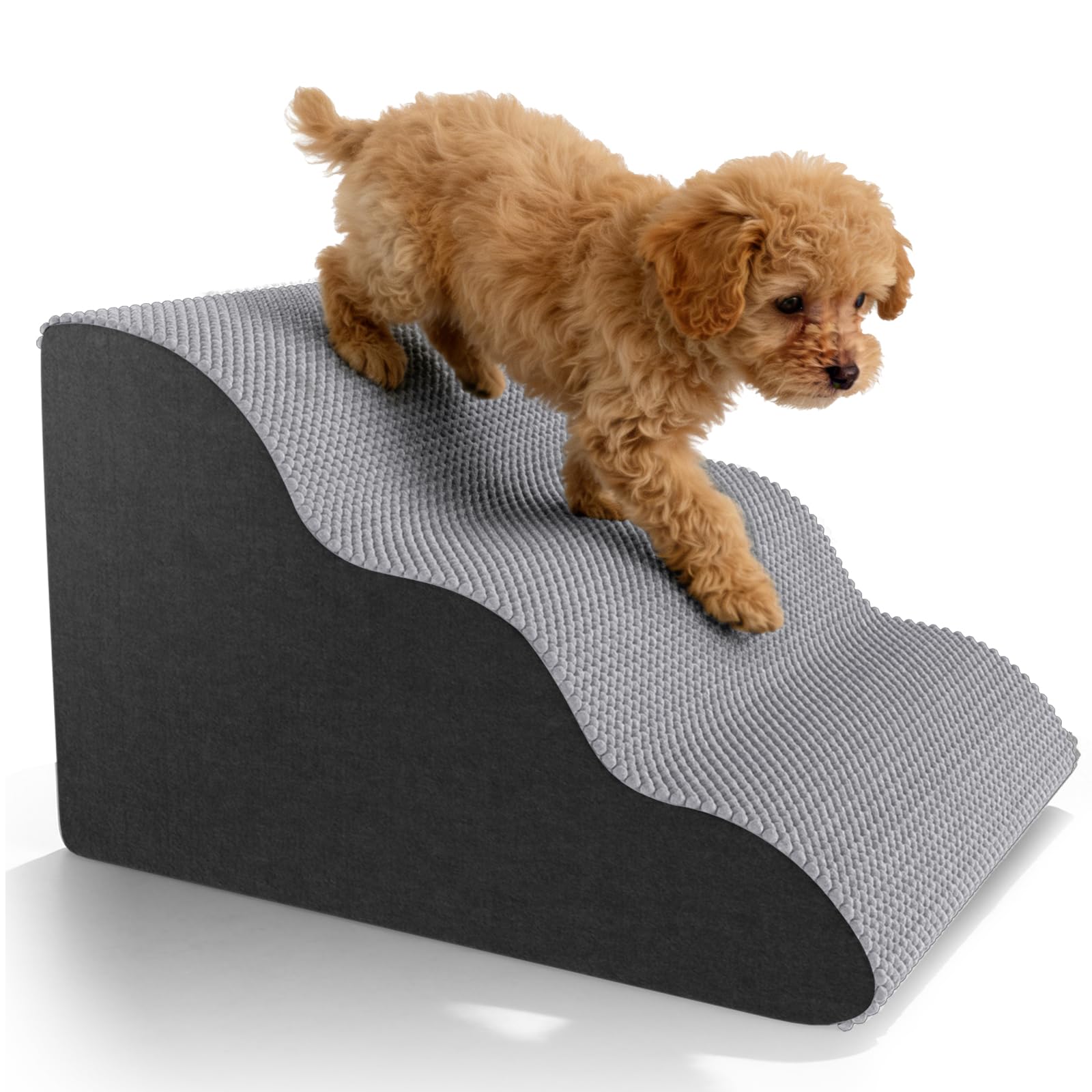 Pet Stairs for Small Dogs & Cats, 3-Step Curved High Density Foam Dog Steps with Waterproof Non-Slip Cover, Lightweight Pet Ramp for Bed Sofa, Support Up to 60 lbs, Grey