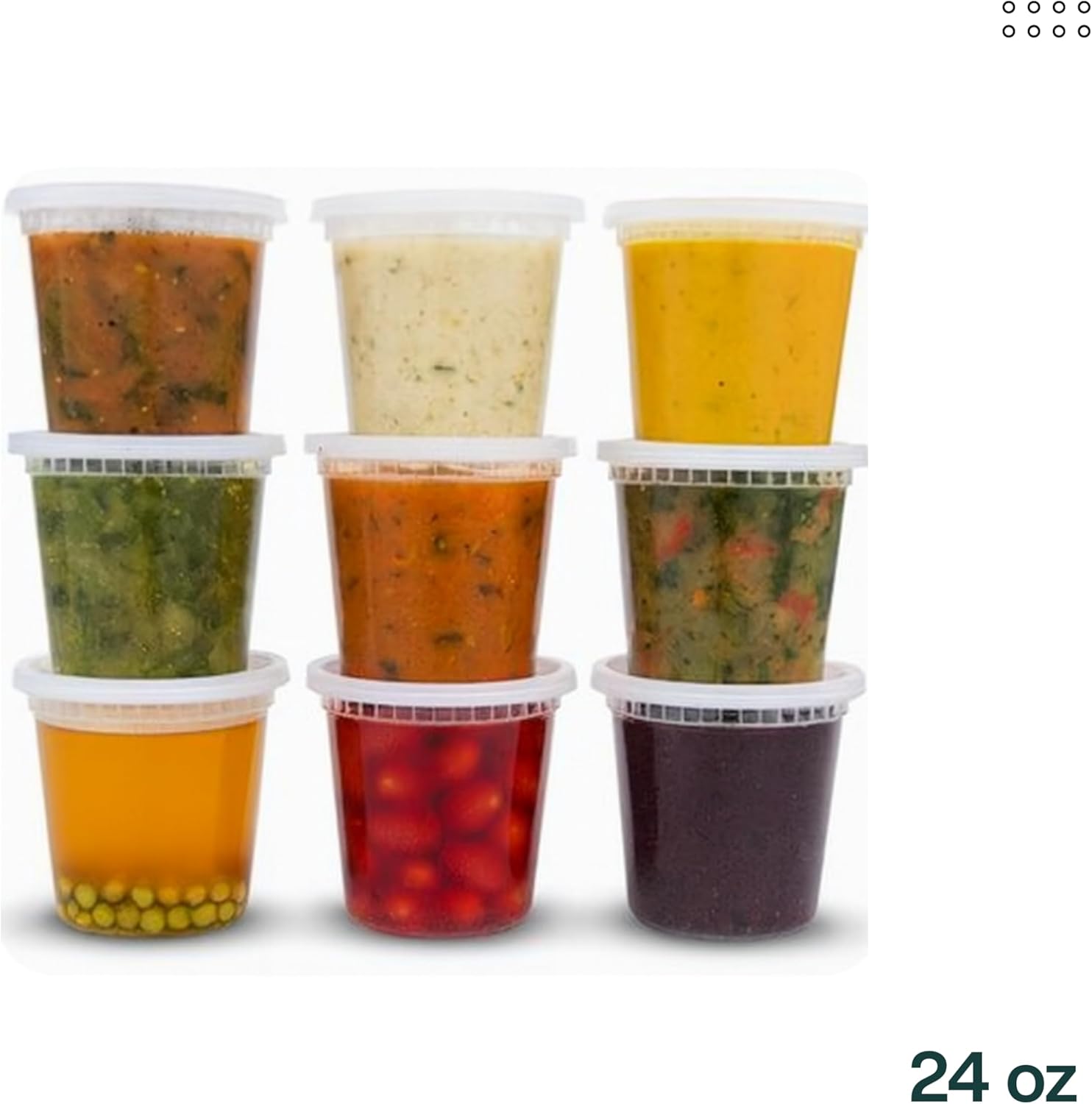 24oz [100 set] Heavy Duty Plastic Deli Container | BPA-Free Food Storage with Airtight Leak‑Proof Lids | Microwave, Freezer & Dishwasher Safe – Stackable, Bulk Reusable Soup & Meal Prep Tub
