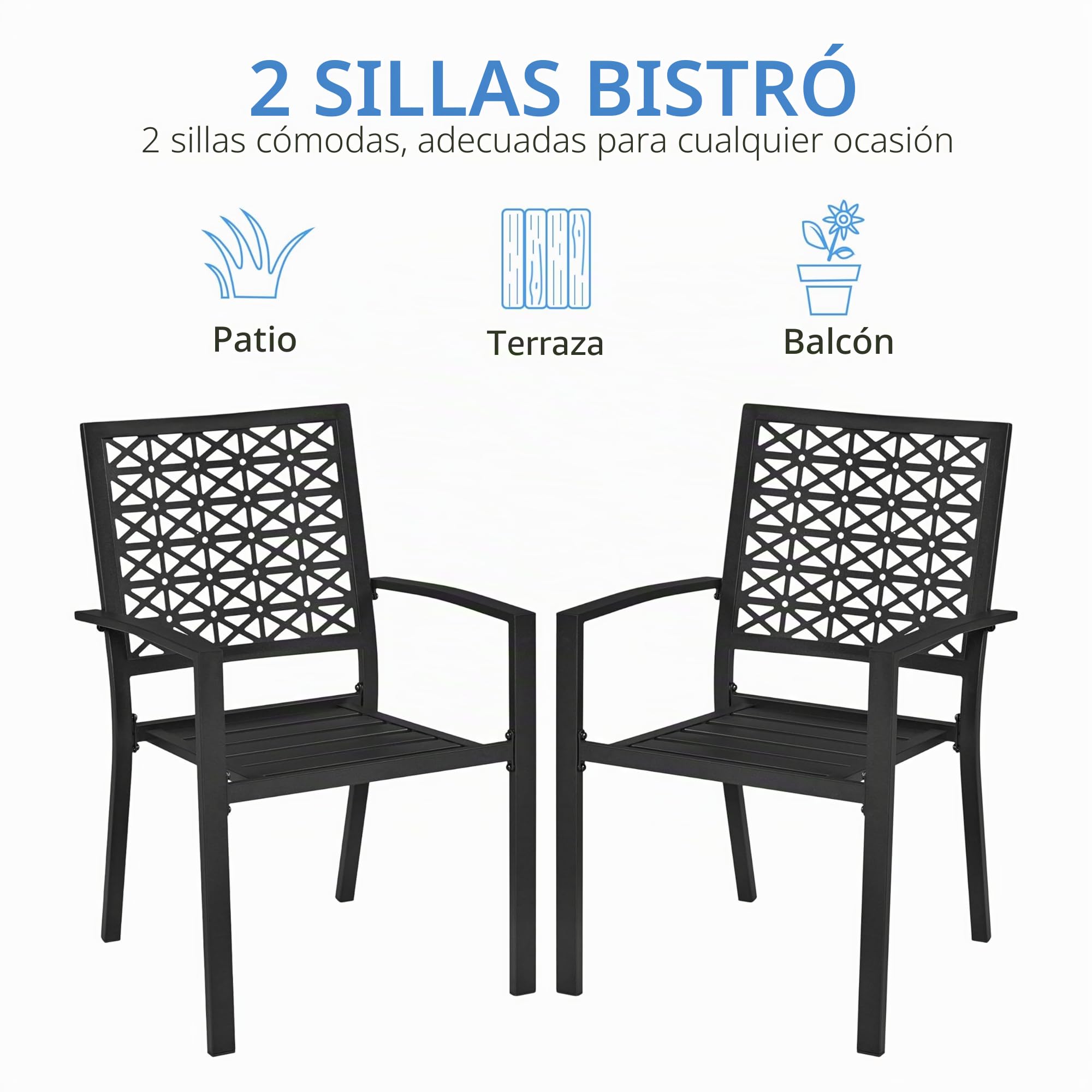 Yaheetech Juego de 2 Sillas de Comedor Jardín de Acero Carga 136kg Negro | Respaldo Decorativo Estampado, 58 x 59,5 x 89cm, Asiento Ensanchado, Curva Ergonómica, Acero con Recubrimiento Resistente