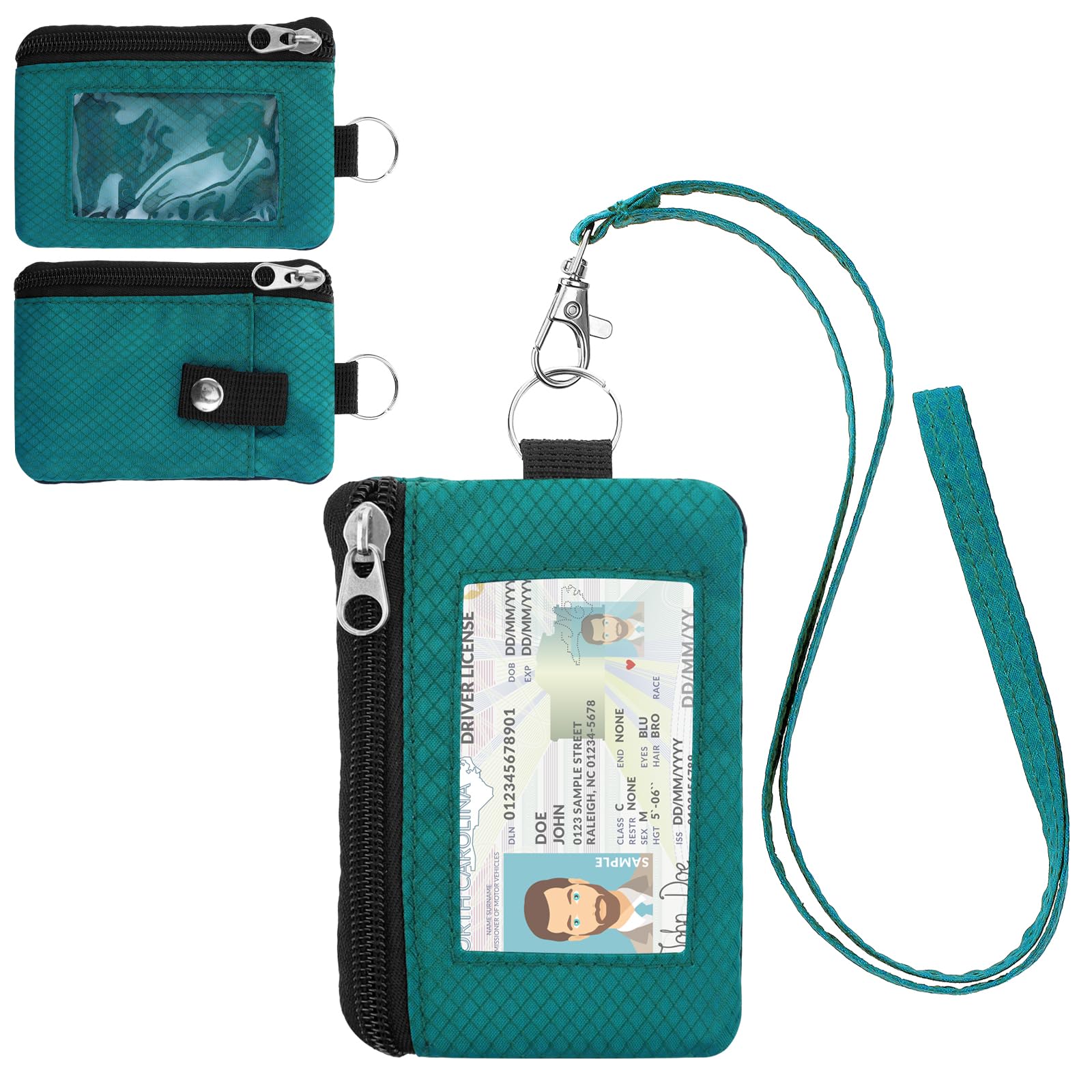 Minimalist RFID Wallet with Lanyard, Multi-Functional ID Case with 2 Zipper Pockets and Key Chain for Men and Women, Tactical Badge Pouch Cards Holder, Coin Purse for Travel Sports - Peacock