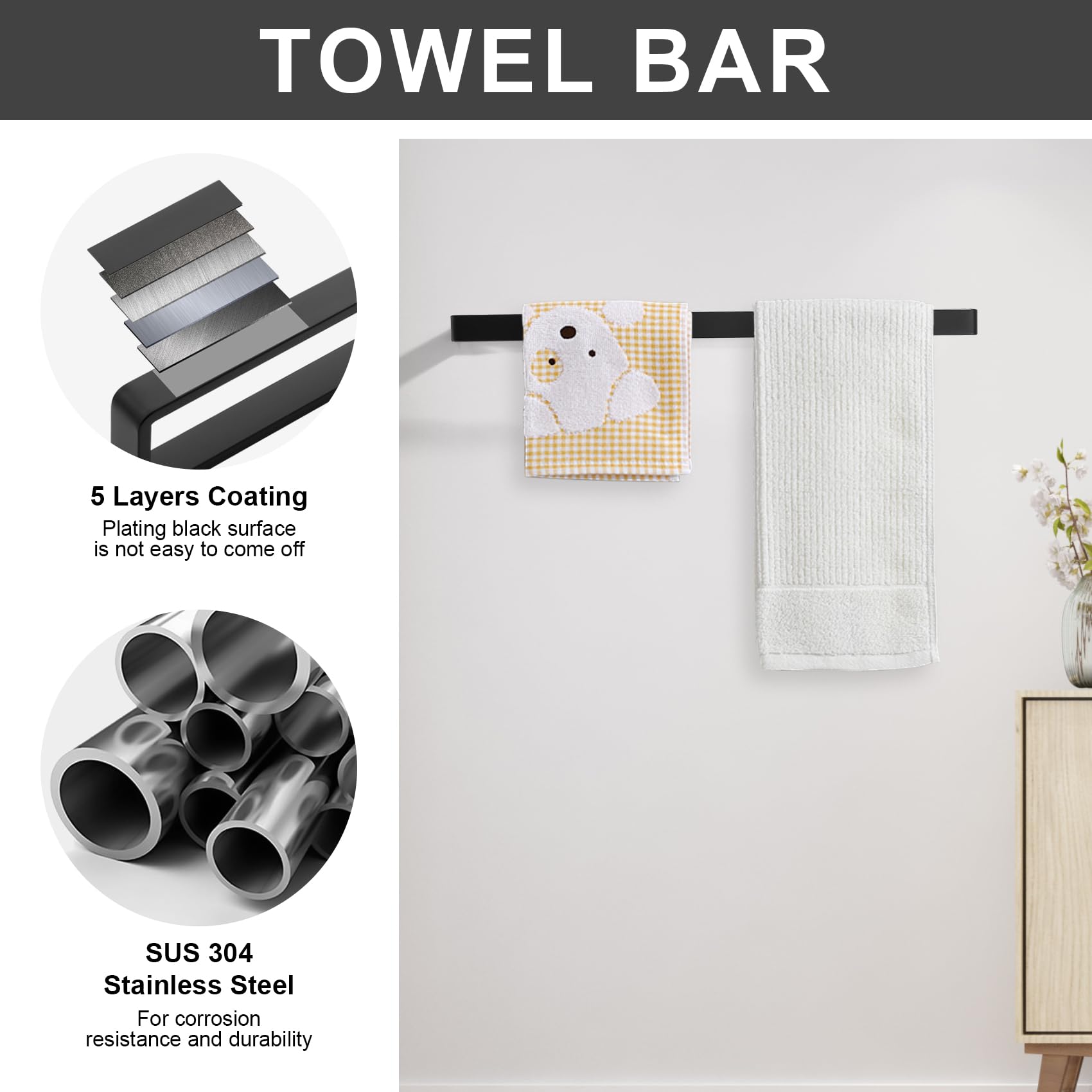 YACVCL Bathroom Hardware Accessories Set Black 4-Piece Towel Bar Towel Rack Sets Square Towel Ring Kit Stainless Steel Wall Mounted - Image 3
