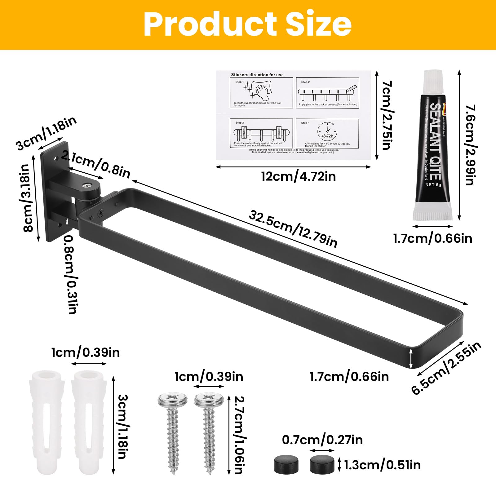 JIZZU Porte-Serviettes 180° Pivotant Salle de Bain, Double Barre Support Mural en Alliage d'Aluminium avec Vis et Adhésif, 32,5 cm, sans Perçage ou Perçage (Noir Mat)