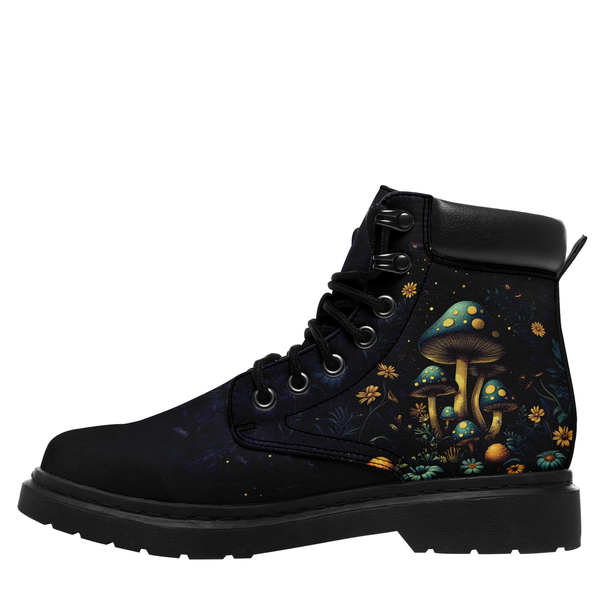 Stylish Mushroom Print Ankle Boots for Women Gift Easy-Pair Lace-up Comfort Trendy Black Leather Beauty Combat Booties